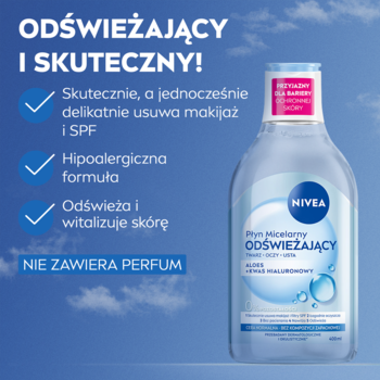 NIVEA odświeżający płyn micelarny 400ml, do cery normalnej i mieszanej, bez perfum, z przodu, na tle nieba.