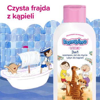 Bambino Dzieciaki 3w1 szampon, żel i płyn do kąpieli, biała butelka z meerkats na tle zabawy w wannie.