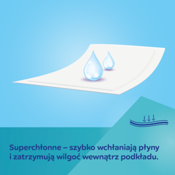 Biały superchłonny podkład higieniczny, na którym dwie krople wody wnikają w materiał, symbolizując szybką absorpcję.