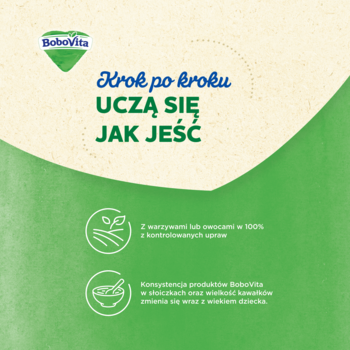 BoboVita: zielona grafika 'Uczą się jak jeść'. Ikonki podkreślają 100% warzyw i dostosowanie konsystencji.