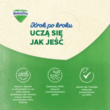 Reklama BoboVita przecierów owocowych: dzieci uczą się jeść. 100% owoców z kontrolowanych upraw. Biało-zielone tło.