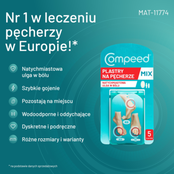 Opakowanie Compeed Plastry na Pęcherze Mix 5 sztuk na zielonym tle, z grafikami stóp i plastrami.