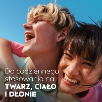 NIVEA Soft: dwoje roześmianych młodych ludzi, tekst 'TWARZ, CIAŁO I DŁONIE', symbolizuje uczucie gładkiej skóry.