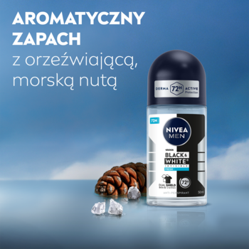 NIVEA MEN Black & White Fresh antyperspirant roll-on w czarno-białej butelce, obok szyszki i lodu, na błękitnym tle.