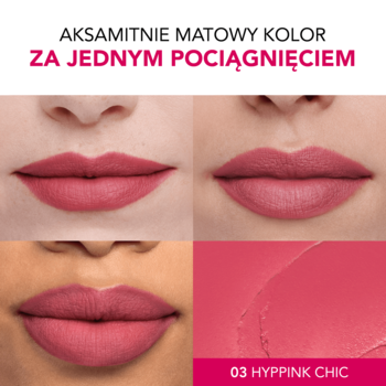 Bourjois Rouge Velvet matowa pomadka 03 Hyppink Chic na ustach i swatch. Aksamitny mat za jednym pociągnięciem.