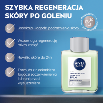 NIVEA MEN Sensitive Regenerujący Balsam po goleniu, zielona butelka, obok kluczowe cechy: ukojenie i regeneracja.