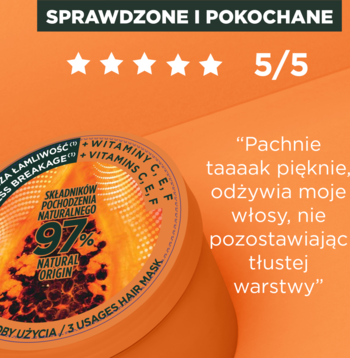 Maska Garnier Fructis Papaya Hair Food, 97% naturalnych składników, ocena 5/5 i pozytywna recenzja klienta.