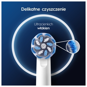 Końcówka Oral-B Sensitive Clean z biało-niebieskimi włóknami, ultracienkimi dla dziąseł, widok z przodu, delikatne czyszczenie.