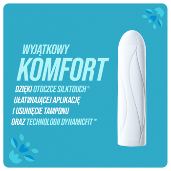 Biały tampon o.b. ProComfort z gładką teksturą, technologia DynamicFit i powłoką SilkTouch, na turkusowym tle z hasłem "Wyjątkowy Komfort".