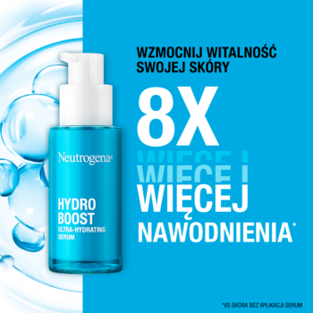 Neutrogena Hydro Boost nawadniające serum w niebieskiej butelce z pompką, widok z przodu. Intensywne nawilżenie.
