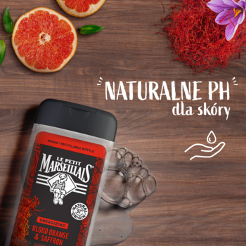 Le Petit Marseillais męski żel 3w1 Czerwona Pomarańcza i Szafran, czarna butelka na drewnie z połówkami pomarańczy.