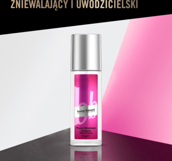 Dezodorant bruno banani Pure Woman 75ml, różowo-srebrna butelka na czarno-białym tle z różowym trójkątem.