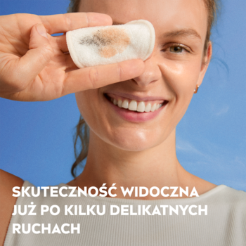 NIVEA dwufazowy płyn micelarny: uśmiechnięta kobieta z wacikiem pełnym usuniętego makijażu oka.