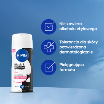 NIVEA Black & White Clear antyperspirant spray 100ml, biało-czarny, bez alkoholu, na tle nieba.