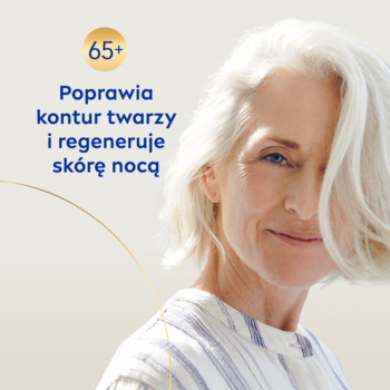 NIVEA krem na noc 65+, modelujący: uśmiechnięta kobieta, napis 65+ i o regeneracji skóry nocą.