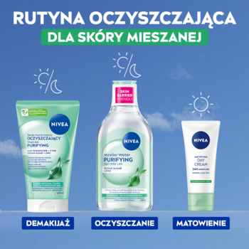 NIVEA: żel do demakijażu, płyn micelarny, matujący krem. Zestaw do rutyny oczyszczającej skóry mieszanej.