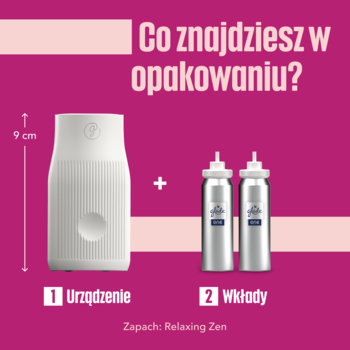 Zestaw Glade ONE Relaxing Zen: białe urządzenie odświeżające powietrze (9cm) i dwa wkłady, widok z przodu.