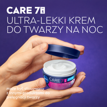 Słoik kremu CARE 7 Ultra-Lekki Krem do Twarzy na Noc, biały, otwarty, trzymany w dłoni, fioletowe tło.