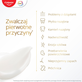 Colgate Total pasta do zębów. Biały wycisk i lista 8 problemów jamy ustnej, które zwalcza, np. płytka i próchnica.