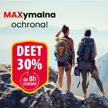 Vaco Max spray na komary 30% DEET, 8h ochrony. Dwóch turystów z plecakami w górach, widok z tyłu.