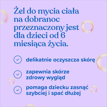 Johnson's żel do mycia ciała na dobranoc. Fioletowa grafika z tekstem o korzyściach dla dzieci od 6m.