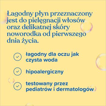 Żółty plakat: Johnson's płyn do mycia ciała i włosów, łagodny, hipoalergiczny, testowany, dla noworodków.