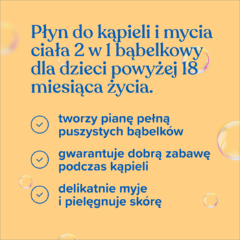 Grafika Johnson's płyn 2w1 bąbelkowy dla dzieci pow. 18 msc. życia, opis cech na żółtym tle.