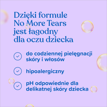 Grafika Johnson's No More Tears szamponu na fioletowym tle, podkreślająca łagodność dla oczu i hipoalergiczność.