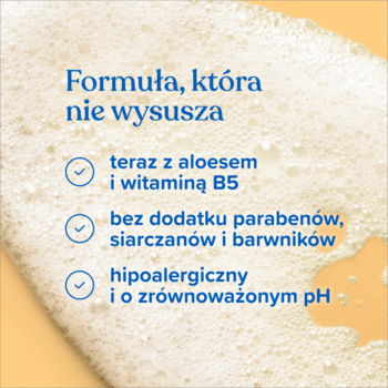 Pianka szamponu Johnson’s z tekstem: "Formuła, która nie wysusza", aloes, wit. B5, hipoalergiczny.