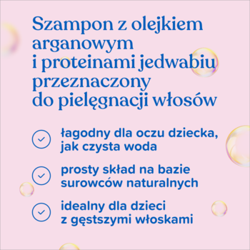 Johnson's Shiny Drops szampon z arganem i jedwabiem, różowa grafika, łagodny dla oczu dziecka.