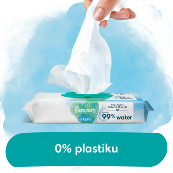 Pampers Harmonie Aqua 99% wody, 0% plastiku, ręka wyciąga chusteczkę z biało-zielonego opakowania.