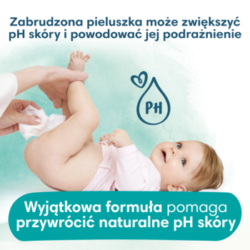 Chusteczki Pampers Harmonie Aqua. Dorosły zmienia pieluchę dziecku, tekst o pH skóry i ochronie przed podrażnieniami.