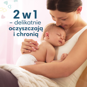 Matka delikatnie tuląca śpiącego noworodka w pieluszce, z tekstem '2 w 1 - delikatnie oczyszczają i chronią'.