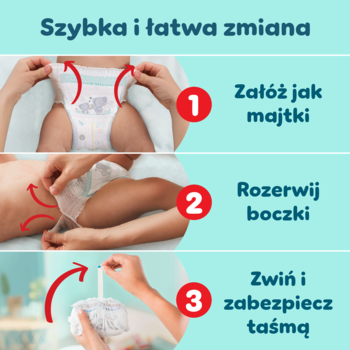 Instrukcja Pampers Premium Care: 3 kroki zmiany pieluchomajtek - załóż, rozerwij boczki, zwiń.