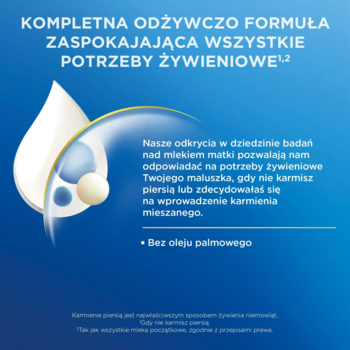 Niebieski panel Bebilon 1, formuła bez oleju palmowego. Tekst o wsparciu żywieniowym i grafika kropli.