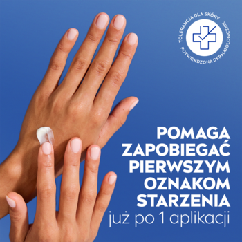 Krem NIVEA Anti-Age Care 3w1 z Q10 wmasowywany w dłoń, na niebieskim tle, z hasłem o redukcji oznak starzenia.