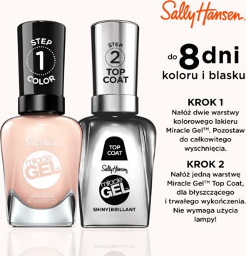 Sally Hansen Miracle Gel: różowy lakier i top coat do paznokci, zapewnia 8 dni koloru i blasku bez lampy.