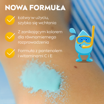 Bliskie ujęcie: niebieski spray NIVEA SUN KIDS SPF 50+ z zanikającym kolorem na ramieniu. Nowa formuła.