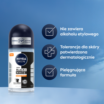 NIVEA MEN Black & White antyperspirant roll-on 50ml, butelka z czarną nakrętką i ikonami cech, na tle nieba.