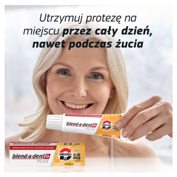 blend-a-dent PLUS klej do protez: pomarańczowa tubka przed uśmiechniętą kobietą, gwarantujący mocne umocowanie.
