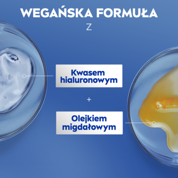 Wegańska formuła NIVEA: dwa szkła Petriego z kwasem hialuronowym i olejkiem migdałowym, na niebieskim tle.