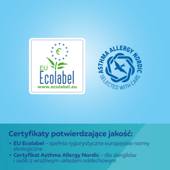 Certyfikaty płynu Canpol babies: zielone logo EU Ecolabel i niebieski znak Asthma Allergy Nordic na błękitnym tle.