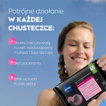 Kobieta trzyma NIVEA MicellAIR chusteczki do demakijażu, tekst o potrójnym działaniu: usuwają makijaż wodoodporny.