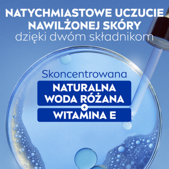 Niebieska grafika NIVEA Rose Touch: Woda Różana i Witamina E dla natychmiastowo nawilżonej skóry.