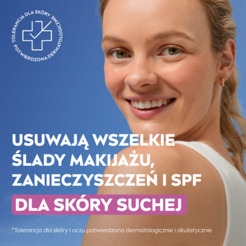 NIVEA pielęgnujące chusteczki oczyszczające dla skóry suchej. Uśmiechnięta kobieta, napis o usuwaniu makijażu i SPF.