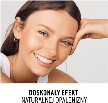 Kobieta z promienistą cerą i naturalnym efektem opalenizny po użyciu bronzera Rimmel Sunlight.