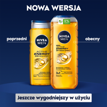Porównanie: żel Nivea Men Active Energy 3w1 z kofeiną; poprzednia i obecna wersja w żółtych butelkach na tle.