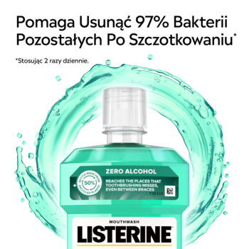 Listerine Zero Alcohol, zielony płyn do płukania ust. Usuwa 97% bakterii po szczotkowaniu. Widok z przodu.