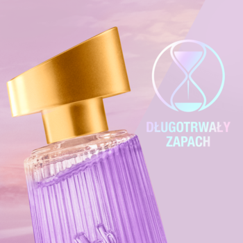 Zbliżenie na fioletową butelkę wody toaletowej Bruno Banani Magic Woman ze złotą zatyczką, obok napis DŁUGOTRWAŁY ZAPACH.