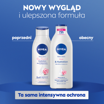 Dwie białe butelki balsamu NIVEA Rose Touch, poprzedni i nowy design z 72H nawilżeniem, na niebieskim tle.